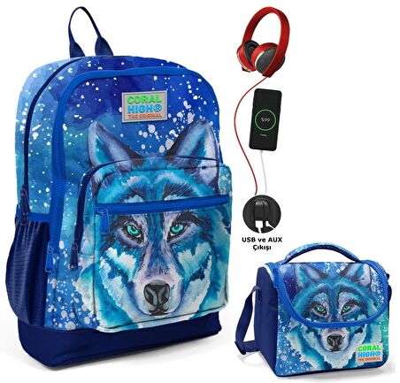 Coral High Mavi Kurt Okul ve Beslenme Çantası Seti - Usb Soketli - Erkek Çocuk