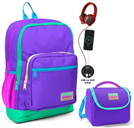 Coral High Mor Okul ve Beslenme Çantası Seti - Usb Soketli - Kız Çocuk