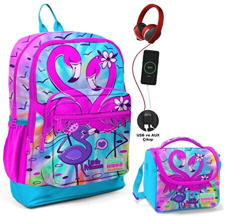 Coral High Mavi Pembe Flamingo Okul ve Beslenme Çantası Seti - Usb Soketli - Kız Çocuk