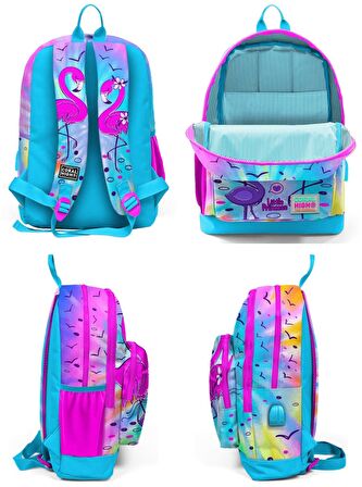 Coral High Mavi Pembe Flamingo Okul ve Beslenme Çantası Seti - Usb Soketli - Kız Çocuk