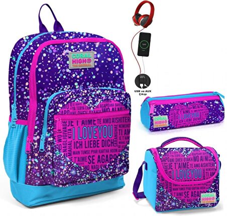 Coral High Mor Mavi Kalp USB Soketli Üçlü İlkokul Çanta Seti - Kız Çocuk