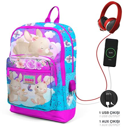 Coral High Pembe Mavi Tavşan USB Soketli Üçlü İlkokul Çanta Seti - Kız Çocuk