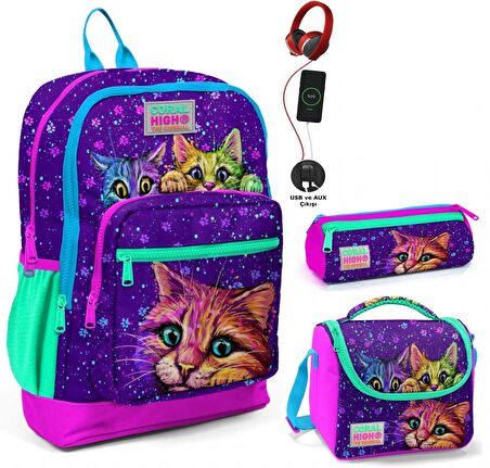 Coral High Mor Kedi USB Soketli Üçlü İlkokul Çanta Seti - Kız Çocuk