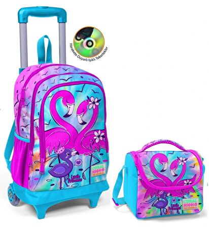 Coral High Mavi Pembe Flamingo Çekçek Okul Çantası ve Beslenme Seti - Işıklı Tekerlekler - Kız Çocuk