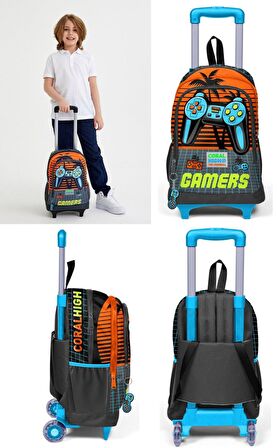 Coral High Turuncu Gamers Çekçek Okul Çantası Seti - Işıklı Tekerlekler - Erkek Çocuk