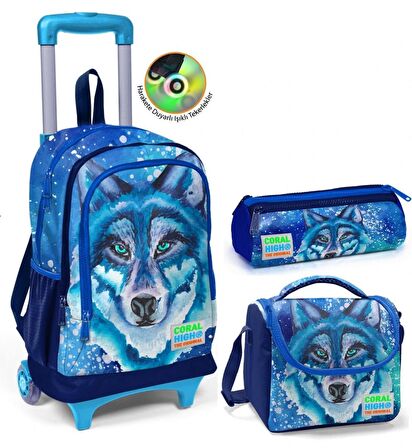 Coral High Mavi Kurt Çekçek Okul Çantası Seti - Işıklı Tekerlekler - Erkek Çocuk