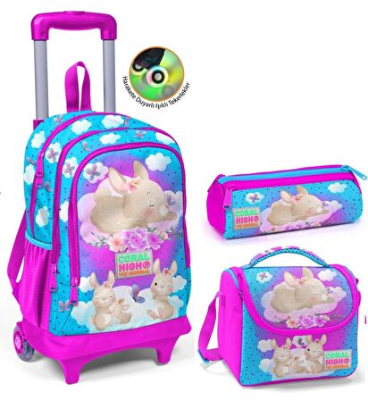 Coral High Pembe Mavi Tavşan Çekçek Okul Çantası Seti - Işıklı Tekerlekler - Kız Çocuk