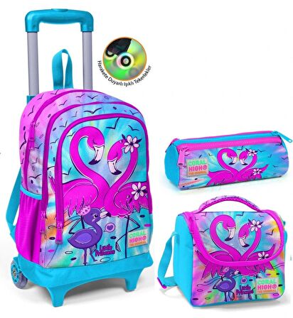 Coral High Mavi Pembe Flamingo Çekçek Okul Çantası Seti - Işıklı Tekerlekler - Kız Çocuk