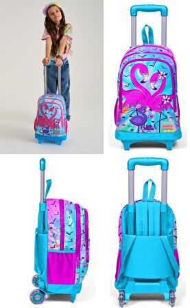 Coral High Mavi Pembe Flamingo Çekçek Okul Çantası Seti - Işıklı Tekerlekler - Kız Çocuk