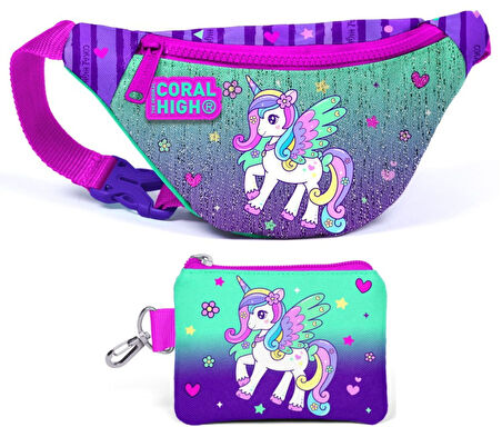 Coral High Yeşil Mor Pegasus Bel Çantası ve Bozuk Para Çantası Seti - Kız Çocuk