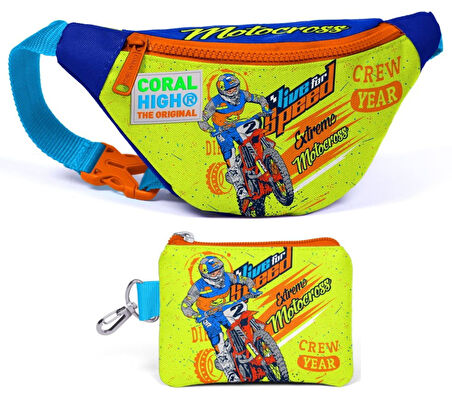 Coral High Sarı Mavi Motorsiklet Bel Çantası ve Bozuk Para Çantası Seti - Erkek Çocuk