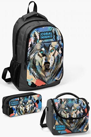 Coral High Kids Gri Siyah Kurt Desenli 3’lü Okul Çanta Seti - Erkek Çocuk