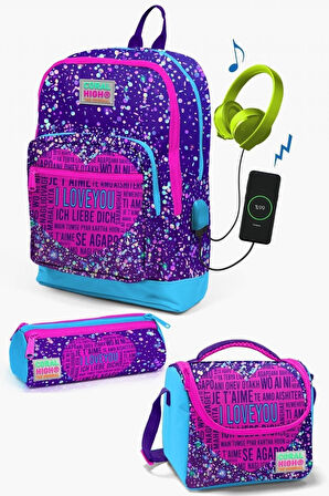 Coral High Kids Mor Mavi Pembe Kalp Desenli USB'li 3’lü Okul Çanta Seti - Kız Çocuk