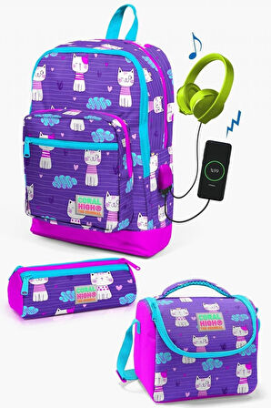 Coral High Kids Mor Mavi Pembe Kalp Desenli USB'li 3’lü Okul Çanta Seti - Kız Çocuk