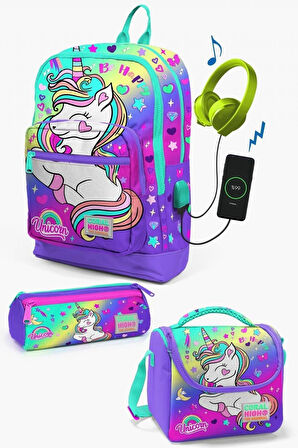 Coral High Kids Lavanta Su Yeşili Unicorn Desenli USB'li 3’lü Okul Çanta Seti - Kız Çocuk