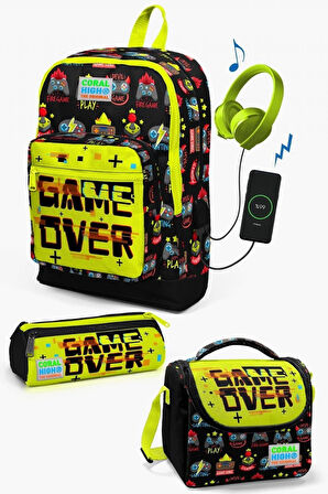 Coral High Kids Siyah Neon Sarı Game Over Desenli USB'li 3’lü Okul Çanta Seti - Erkek Çocuk