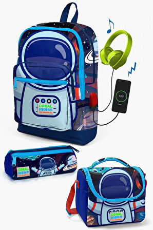 Coral High Kids Saks Mavi Astronot Desenli USB'li 3’lü Okul Çanta Seti - Erkek Çocuk