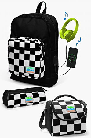 Coral High Kids Siyah Dama Desenli USB'li 3’lü Okul Çanta Seti - Erkek Çocuk