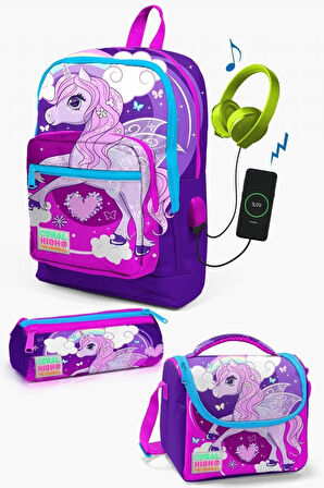 Coral High Kids Mor Pembe Unicorn Desenli USB'li 3’lü Okul Çanta Seti - Kız Çocuk