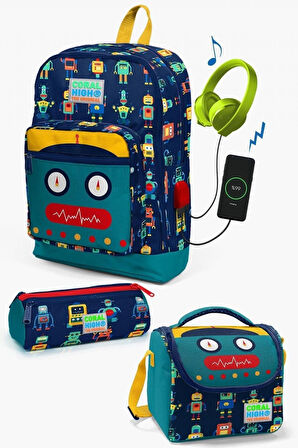Coral High Kids Lacivert Civit Robot Desenli USB'li 3’lü Okul Çanta Seti - Erkek Çocuk