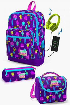 Coral High Kids Mor Pembe Kaktüs Desenli USB'li 3’lü Okul Çanta Seti - Kız Çocuk