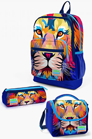 Coral High Kids Lacivert Saks Aslan Desenli 3’lü Okul Çanta Seti - Erkek Çocuk