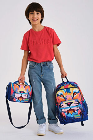 Coral High Kids Lacivert Saks Aslan Desenli 3’lü Okul Çanta Seti - Erkek Çocuk