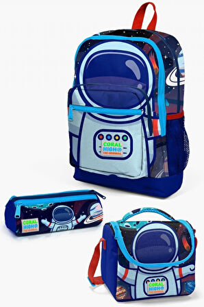 Coral High Kids Saks Mavi Astronot Desenli 3’lü Okul Çanta Seti - Erkek Çocuk