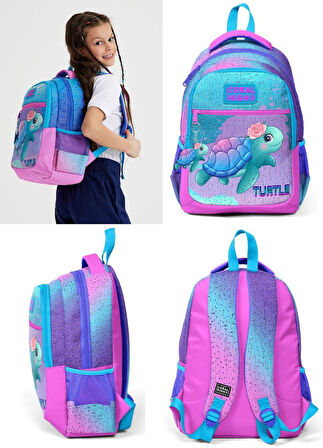 Coral High Kids Açık Pembe Mavi Kaplumbağa Desenli 3’lü Okul Çanta Seti - Kız Çocuk