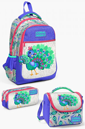 Coral High Kids Gümüş Lavanta Tavus Kuşu Desenli 3’lü Okul Çanta Seti - Kız Çocuk