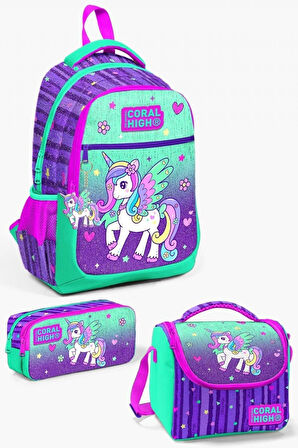 Coral High Kids Mor Su Yeşili Unicorn Desenli 3’lü Okul Çanta Seti - Kız Çocuk