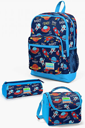 Coral High Kids Lacivert Mavi Uzay Desenli 3’lü Okul Çanta Seti - Erkek Çocuk