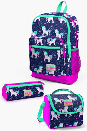 Coral High Kids Lacivert Pembe Unicorn Desenli 3’lü Okul Çanta Seti