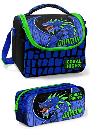 Coral High Erkek Üç Bölmeli Okul Sırt Çantası Beslenme Çantası ve Kalemlik Seti Mavi Yeşil Dragon