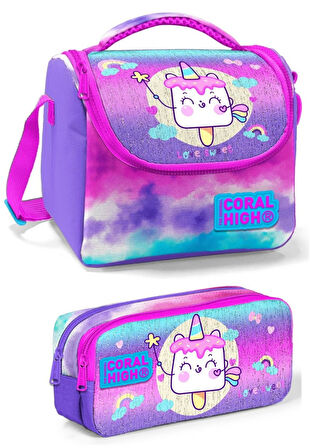 Coral High Kız Üç Bölmeli Okul Sırt Çantası Beslenme Çantası ve Kalemlik Seti Mor Pembe Dondurma