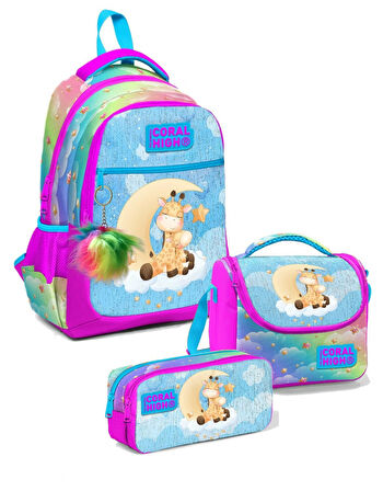Coral High Kız Üç Bölmeli Okul Sırt Çantası Beslenme Çantası ve Kalemlik Seti Mavi Pembe Zürafa