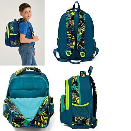 Coral High Üç Gözlü İlkokul Sırt Çantası Seti Yeşil Yazılı Erkek Çocuk