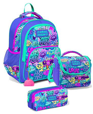 Coral High Üç Gözlü İlkokul Sırt Çantası Seti Lavanta Yeşil Pembe Grafiti Kız Çocuk