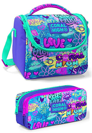 Coral High Üç Gözlü İlkokul Sırt Çantası Seti Lavanta Yeşil Pembe Grafiti Kız Çocuk
