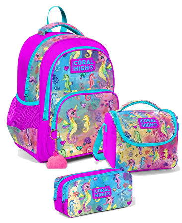 Coral High Üç Gözlü İlkokul Sırt Çantası Seti Pembe Deniz Anası Kız Çocuk