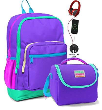 Coral High Okul Çantası ve Beslenme Çanta Seti - Usb Soketli Mor Kız Çocuk