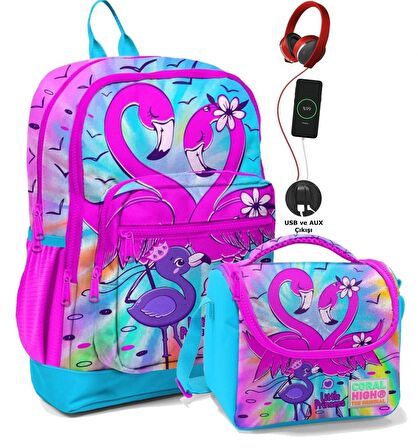 Coral High Okul Çantası ve Termal Beslenme Çanta Seti - Kız Çocuk Mavi Pembe Flamingo USB ve AUX Çıkışlı