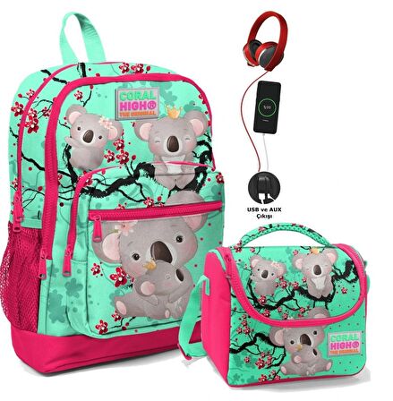 Coral High Okul Çantası ve Beslenme Çantası Seti - Kız Çocuk Yeşil Koala - USB Soketli