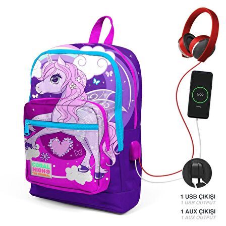 Coral High Okul Çantası ve Termal Beslenme Çanta Seti - Kız Çocuk Mavi Mor Unicorn USB ve AUX Çıkışlı