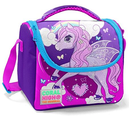 Coral High Okul Çantası ve Termal Beslenme Çanta Seti - Kız Çocuk Mavi Mor Unicorn USB ve AUX Çıkışlı