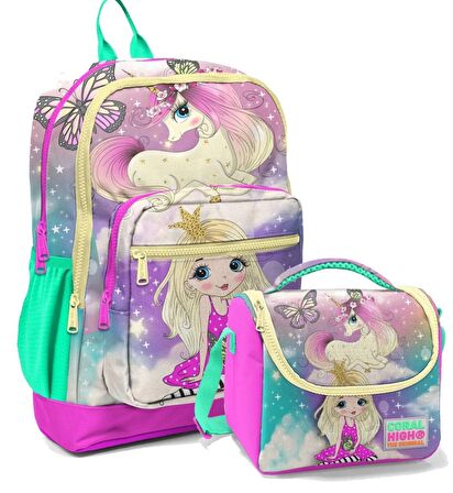Coral High Pembe Su Yeşili Unicorn Okul Sırt ve Beslenme Çantası Seti - Kız Çocuk - Dört Bölmeli