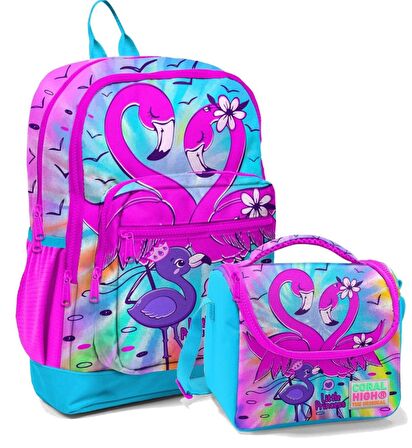 Coral High Mavi Pembe Flamingo Kız Çocuk İlköğretim Okul Sırt Çantası ve Beslenme Çanta Seti
