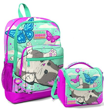 Coral High Pembe Sevimli Kedi ve Kelebek Kız Çocuk İlköğretim Okul Sırt Çantası ve Beslenme Çanta Seti