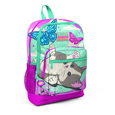 Coral High Pembe Sevimli Kedi ve Kelebek Kız Çocuk İlköğretim Okul Sırt Çantası ve Beslenme Çanta Seti