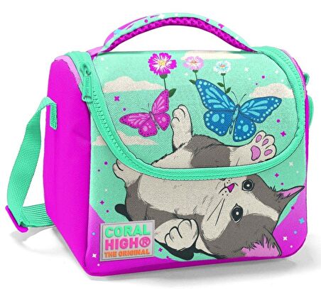 Coral High Pembe Sevimli Kedi ve Kelebek Kız Çocuk İlköğretim Okul Sırt Çantası ve Beslenme Çanta Seti